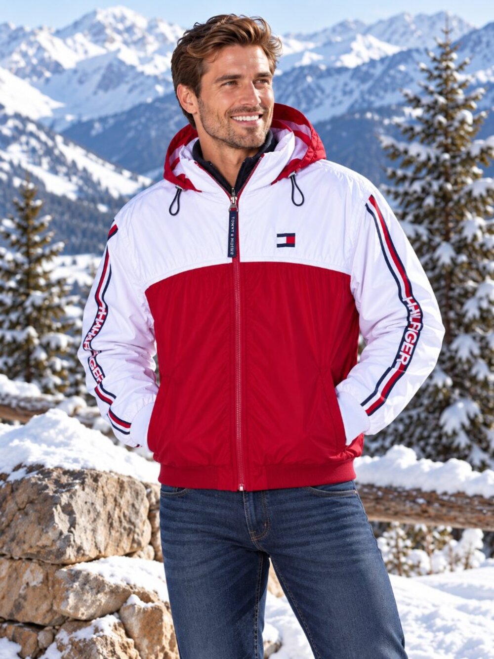 TOMMY HILFIGER Men's Windbreaker Hooded Zip-Up Logos Red, White & Blue NWOT M